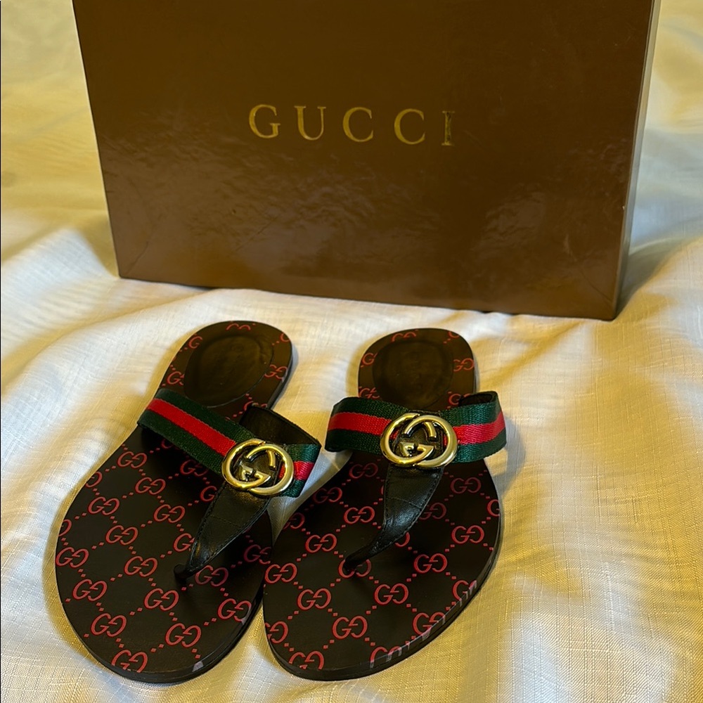 Gucci Black and Red Sandals with Signature GG Monogram